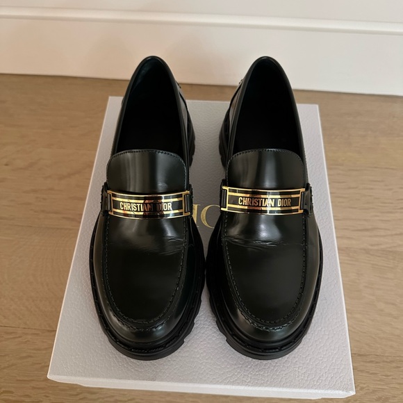 Dior Black Leather Loafers with Gold Accent - Picture 1 of 7